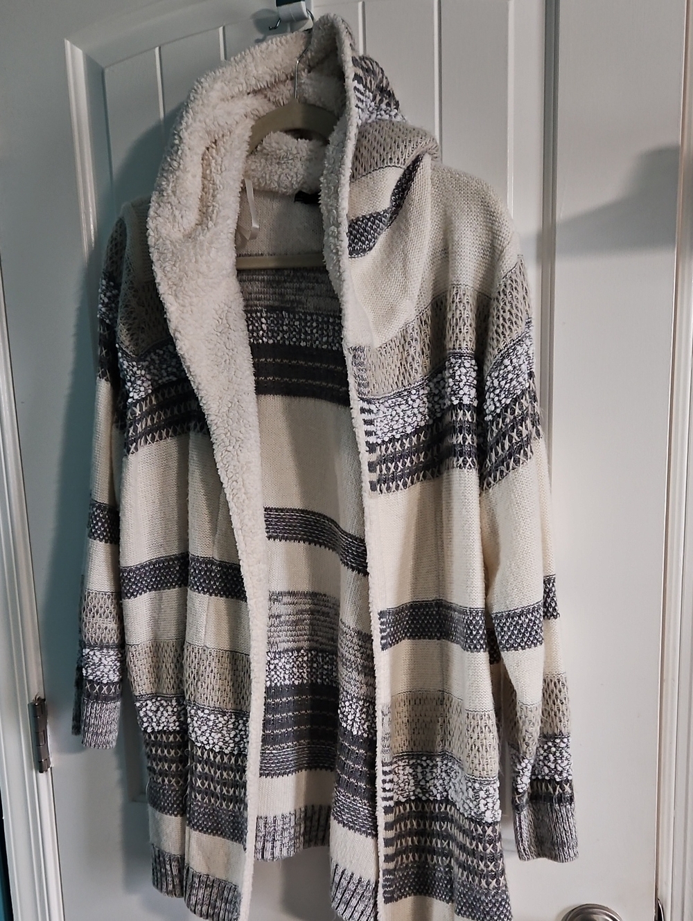 Plush Hooded Open-Front Cardigan Sweater - Cream and Gray Stripe